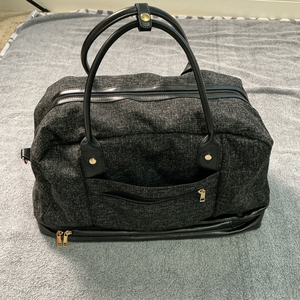 Womens Weekender Bag Charcoal Gray Woven Travel Duffle with Shoe Compartment